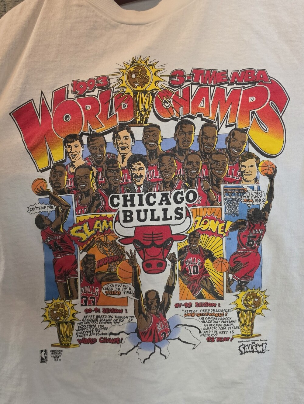 Vintage 1993 Chicago Bulls 3-Time NBA World Champions Comic Caricature Shirt XL